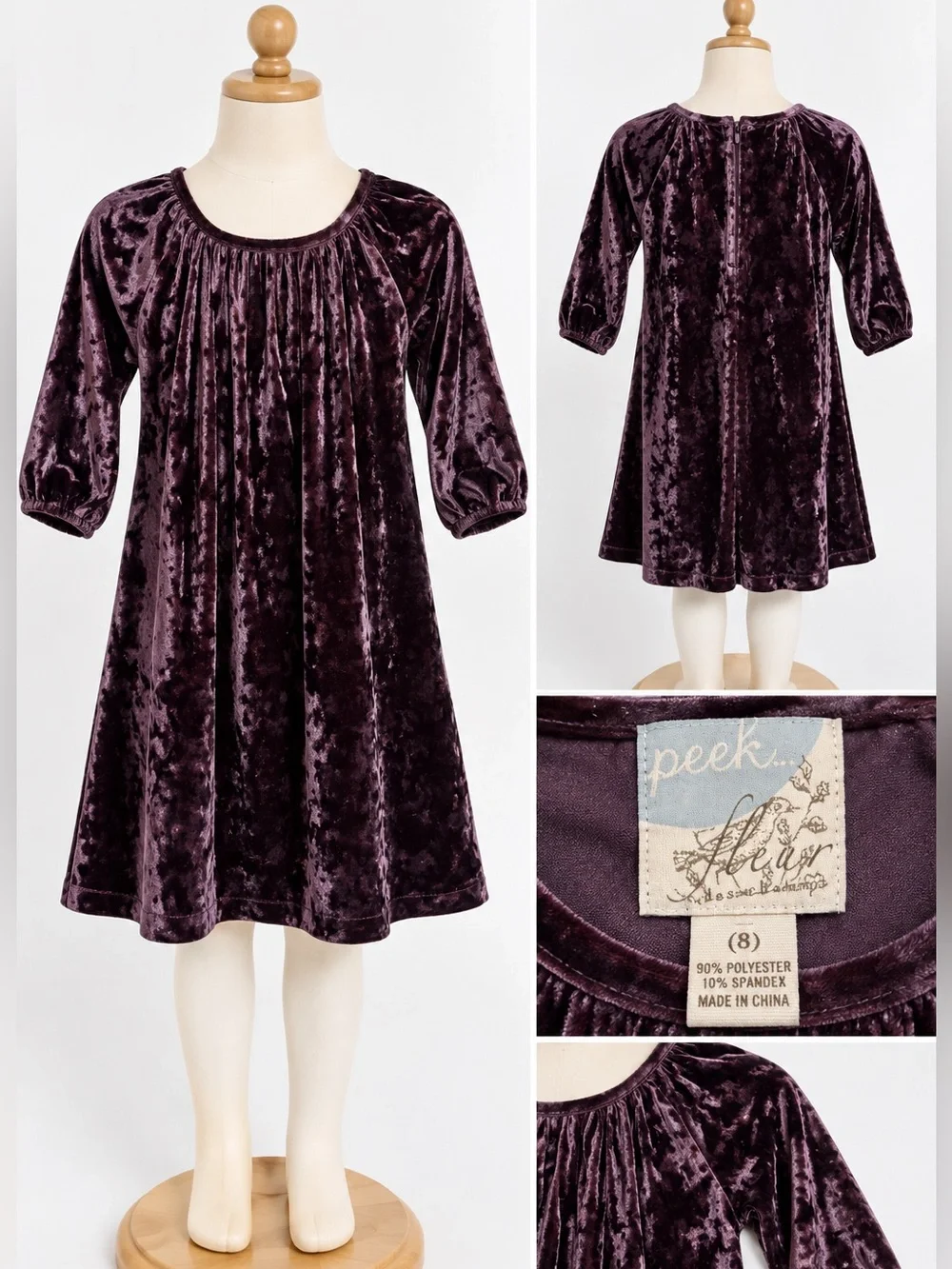 Peek Fleur des Champs Girls Sz 8 Purple Crushed Velvet Dress 3/4 Sleeve Holiday